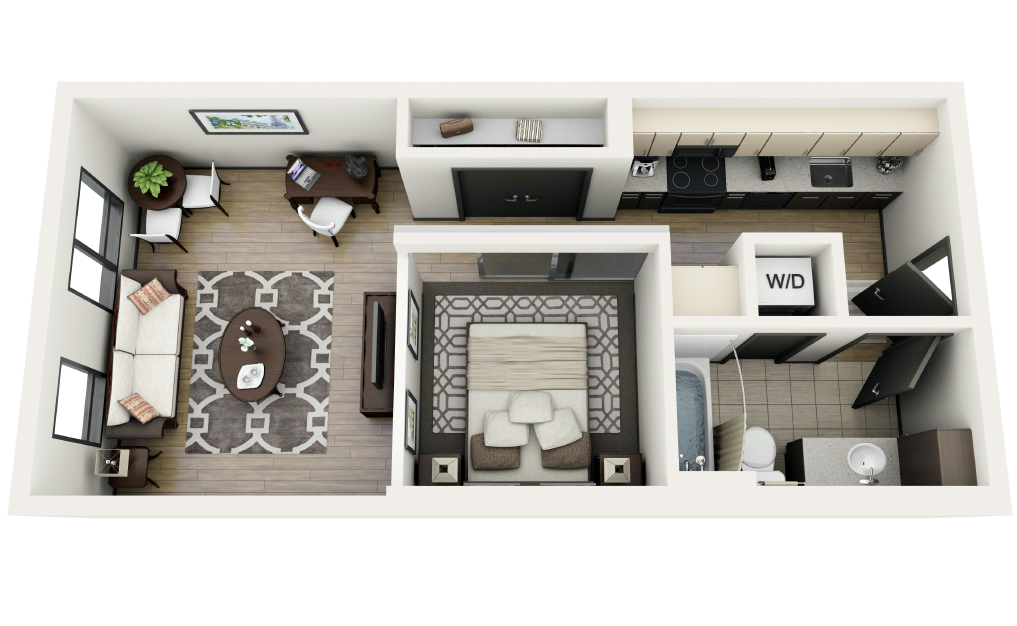 Floor plan for 1 bed, 1 bath, 577 sqft